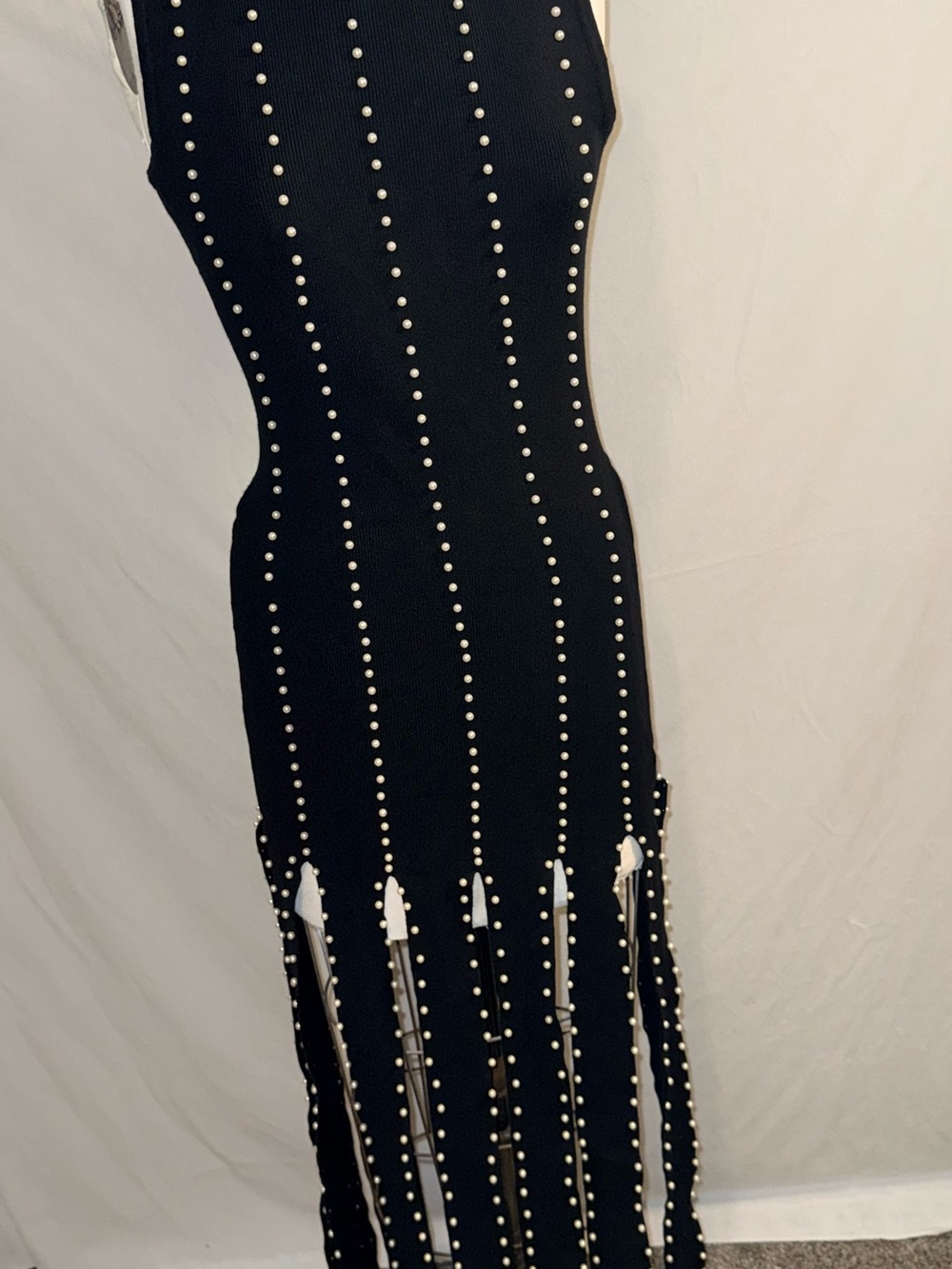 Kayl The Label Pearls Knit Maxi Dress Black Pearl Fringe L NWT